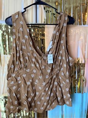 LOFT Tan Floral V-Neck Sleeveless Top